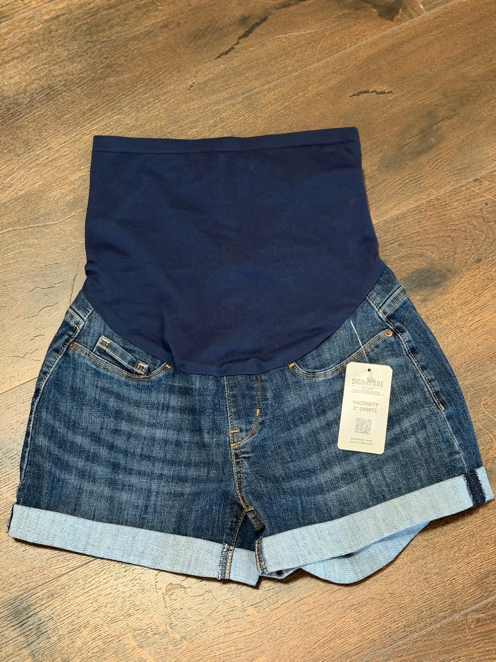 Signature Studio Navy Panel Maternity Denim Roll-Cuff Shorts